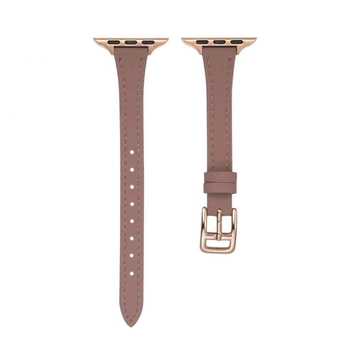 For Apple Watch SE 44mm T-shaped Slim Genuine Leather Watch Band(Light Brown)