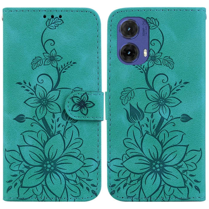For Motorola Moto G85 Lily Embossed Leather Phone Case(Green)