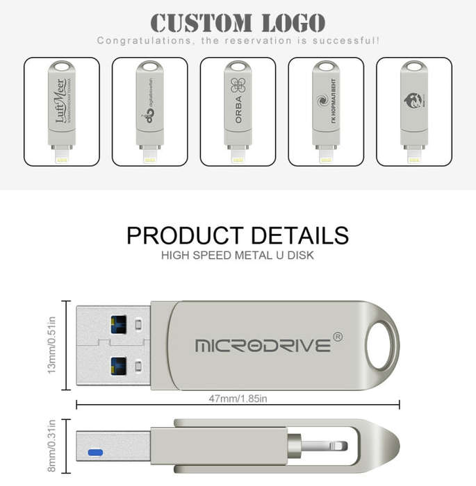 MicroDrive 2 In 1  8 Pin + USB 2.0 Portable Metal USB Flash Disk, Capacity:128GB(Silver)