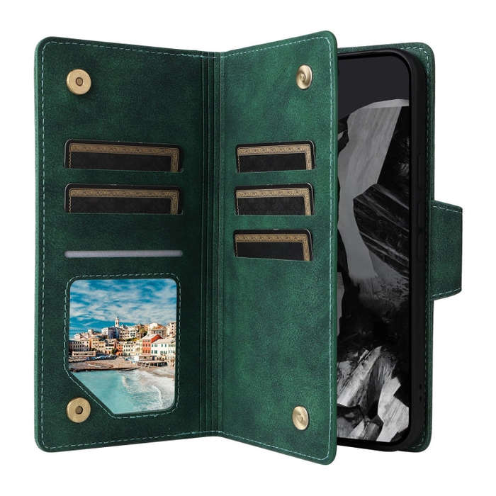 For Google Pixel 9 Pro Rivet Buckle 9 Cards Three Fold Leather Phone Case(Green)