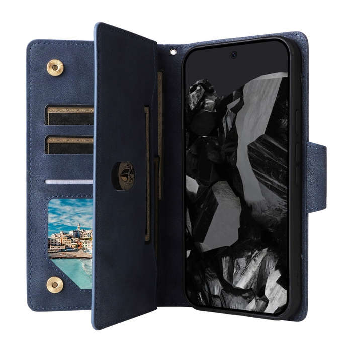 For Google Pixel 9 Pro Rivet Buckle 9 Cards Three Fold Leather Phone Case(Blue)
