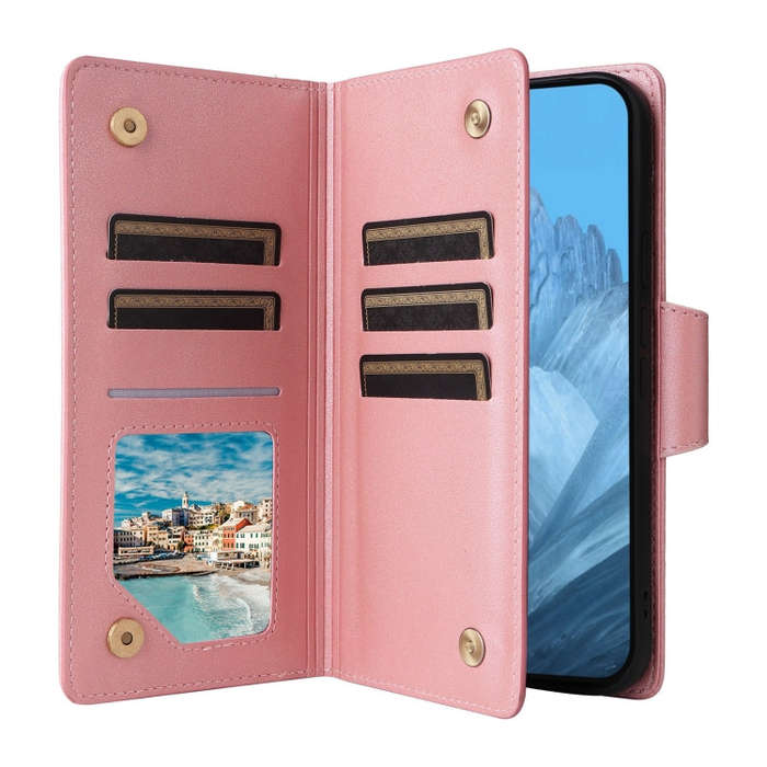 For Google Pixel 9 Rivet Buckle 9 Cards Three Fold Leather Phone Case(Rose Gold)