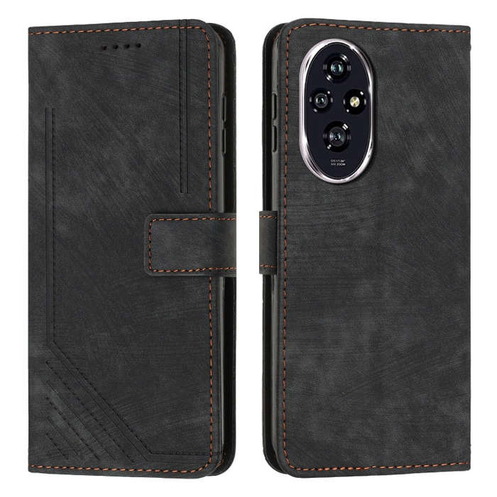 For Honor 200 Skin Feel Stripe Pattern Leather Phone Case with Lanyard(Black)