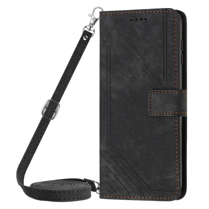 For Honor 200 Skin Feel Stripe Pattern Leather Phone Case with Lanyard(Black)