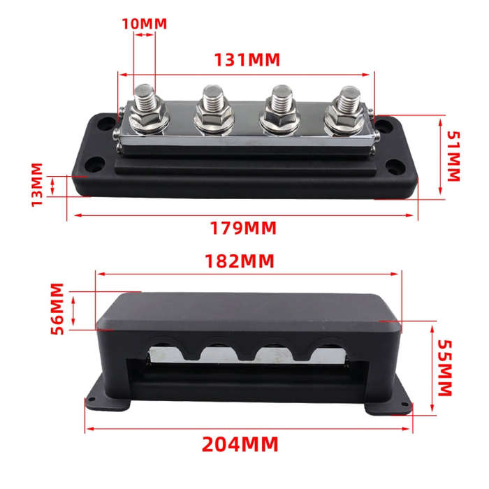 RV 600A High Current Busbar 4-way Straight M10 Wiring Studs(Black)