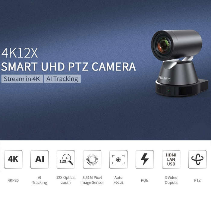 FEELWORLD 4K12X 4K PTZ Camera 12X Optical Zoom AI Tracking HDMI USB IP Remote Control(US Plug)