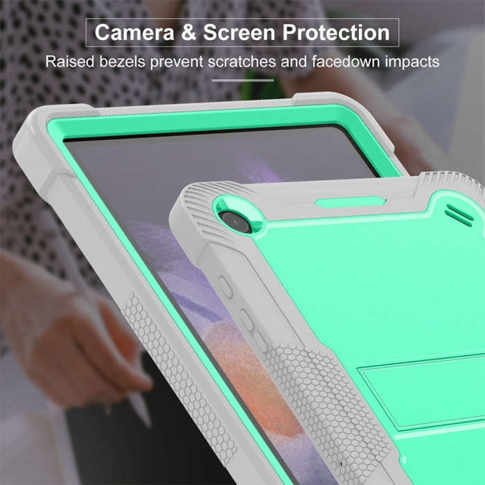 For Samsung Galaxy Tab A9+ Shockproof Silicone Hybrid PC Tablet Case with Holder(Mint Green + Grey)