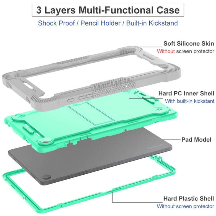 For Samsung Galaxy Tab A9+ Shockproof Silicone Hybrid PC Tablet Case with Holder(Mint Green + Grey)