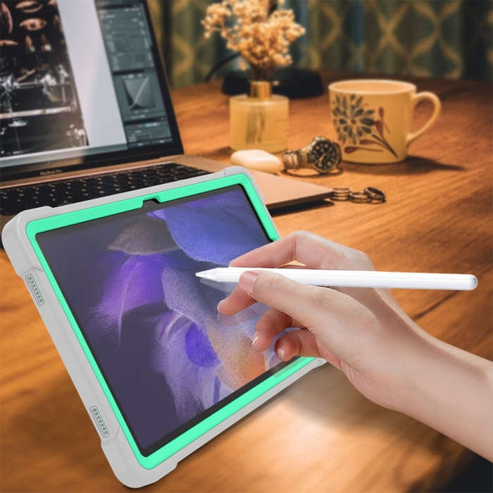 For Samsung Galaxy Tab A9+ Shockproof Silicone Hybrid PC Tablet Case with Holder(Mint Green + Grey)