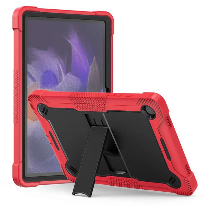 For Samsung Galaxy Tab A9+ Shockproof Silicone Hybrid PC Tablet Case with Holder(Black + Red)