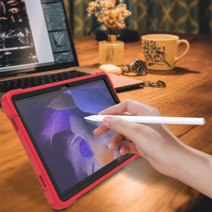 For Samsung Galaxy Tab A9+ Shockproof Silicone Hybrid PC Tablet Case with Holder(Black + Red)
