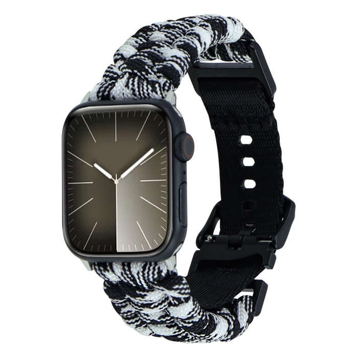 For Apple Watch Series 7 45mm Paracord Plain Braided Webbing Buckle Watch Band(Black White)