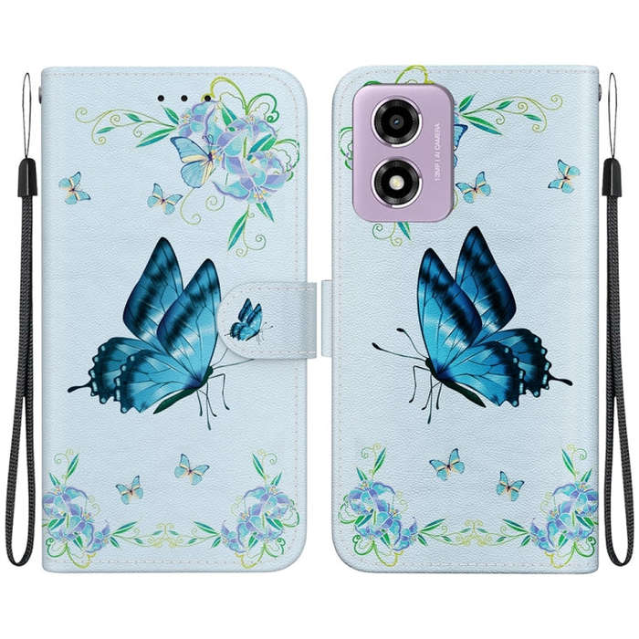 For Motorola Moto G04s / Moto E14 Crystal Texture Colored Drawing Leather Phone Case(Blue Pansies)