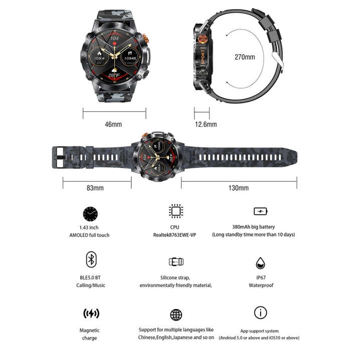K59 IP67 BT5.0 1.43inch Smart Watch Support Voice Call / Sleep Detection(Camo Blue)
