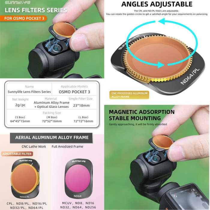 For DJI OSMO Pocket 3 Sunnylife Camera Lens Magnetic Metal Filter, Filter:4 in 1 ND8/16/32/64