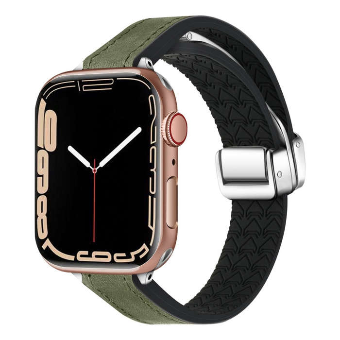 For Apple Watch Series 4 40mm Magnetic Folding Leather Silicone Watch Band(Crazy Horse Green)