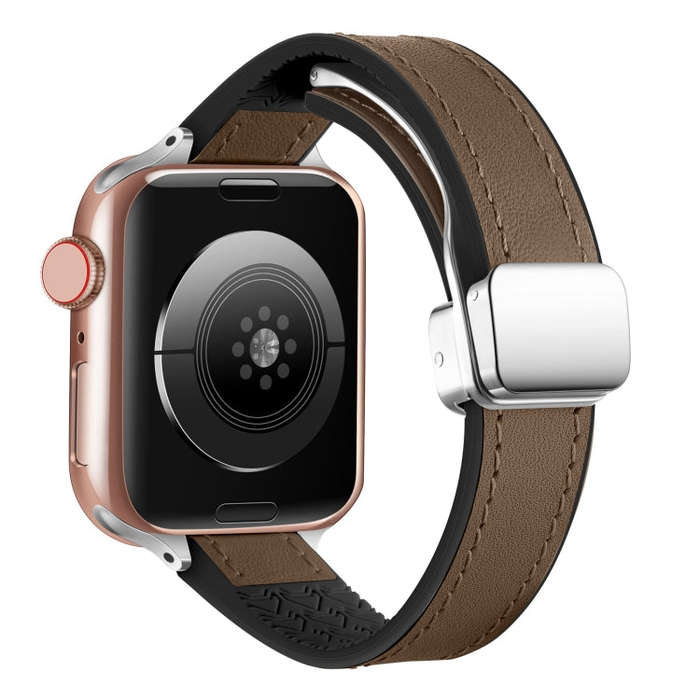 For Apple Watch Series 2 38mm Magnetic Folding Leather Silicone Watch Band(Dark Brown)
