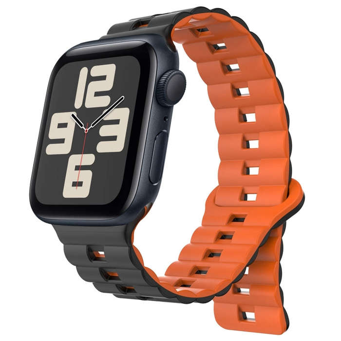 For Apple Watch SE 2023 40mm Reverse Buckle Two Color Magnetic Silicone Watch Band(Black+Orange)