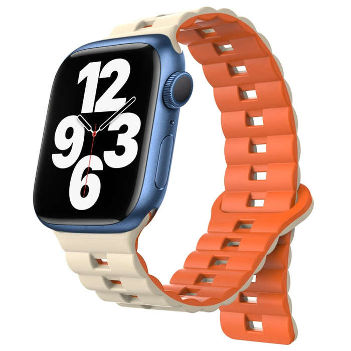For Apple Watch Series 7 41mm Reverse Buckle Two Color Magnetic Silicone Watch Band(Starlight+Ora...