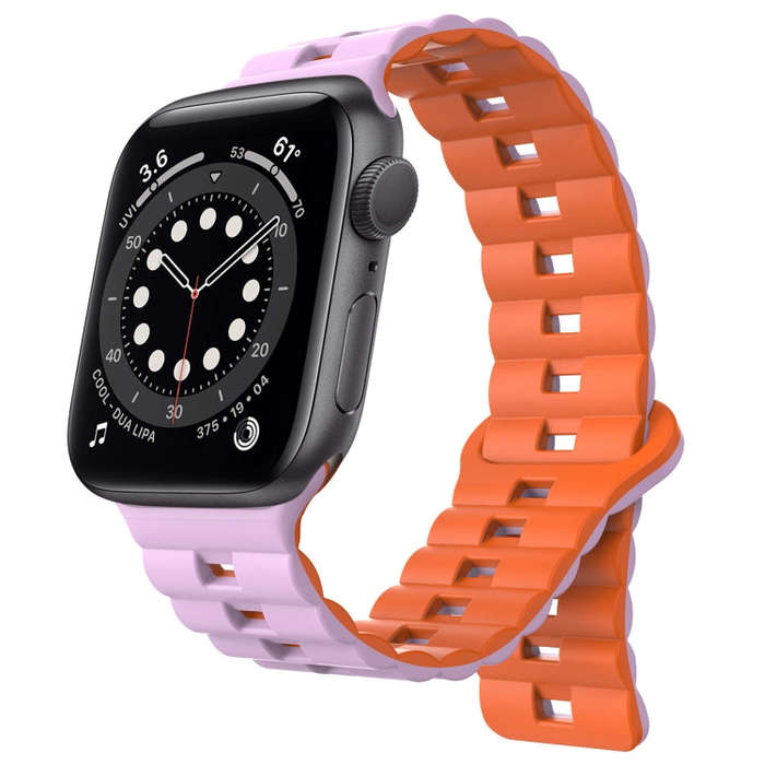 For Apple Watch Series 6 44mm Reverse Buckle Two Color Magnetic Silicone Watch Band(Purple+Orange)