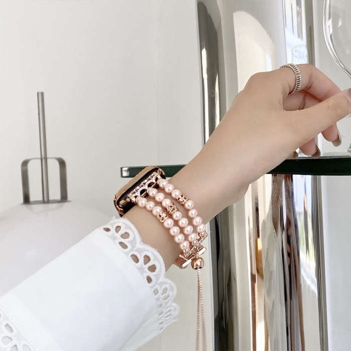 For Apple Watch SE 2022 44mm Beaded Pearl Retractable Chain Watch Band(White)