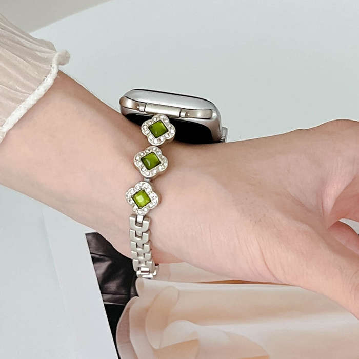 For Apple Watch Series 2 42mm Diamond Four-leaf Clover Metal Chain Watch Band(Silver)