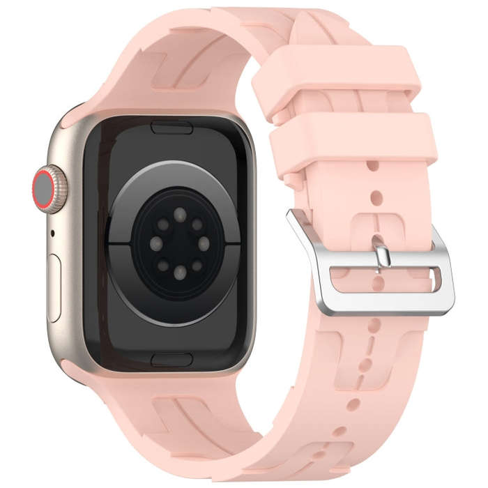 For Apple Watch Series 7 45mm H Texture Silicone Ladder Buckle Watch Band(Retro Rose)