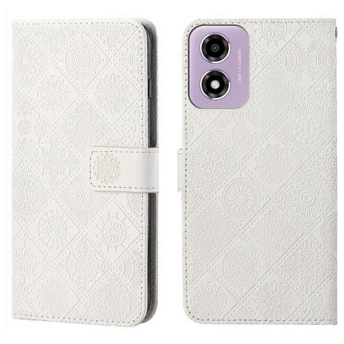 For Motorola Moto E14 Ethnic Style Embossed Pattern Leather Phone Case(White)