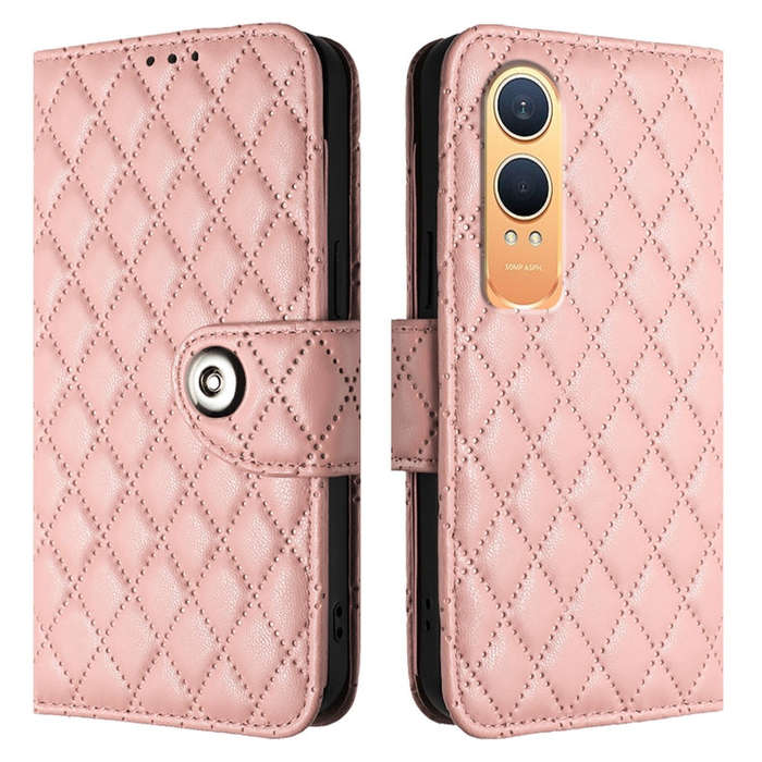 For OnePlus Nord CE4 Lite Rhombic Texture Flip Leather Phone Case with Lanyard(Coral Pink)