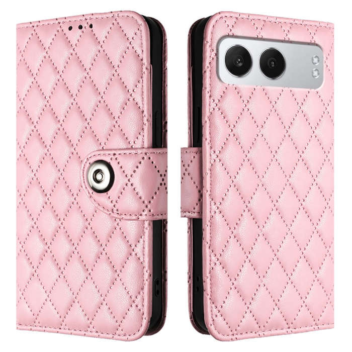 For OnePlus Nord 4 5G Rhombic Texture Flip Leather Phone Case with Lanyard(Pink)