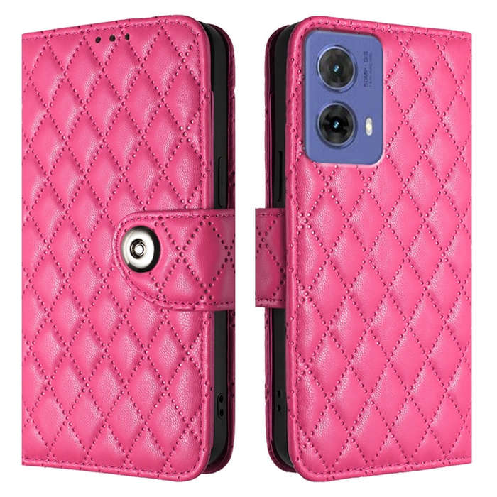 For Motorola Moto G85 Rhombic Texture Flip Leather Phone Case with Lanyard(Rose Red)