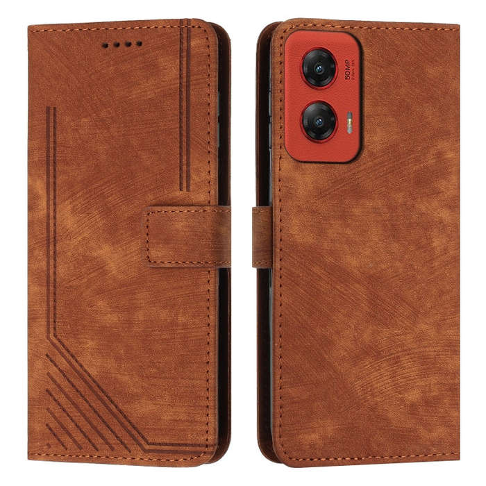 For Motorola Moto G Stylus 5G 2024 Skin Feel Stripe Pattern Leather Phone Case with Lanyard(Brown)