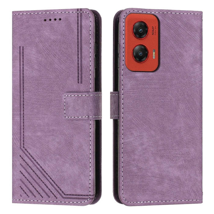 For Motorola Moto G Stylus 5G 2024 Skin Feel Stripe Pattern Leather Phone Case with Lanyard(Purple)