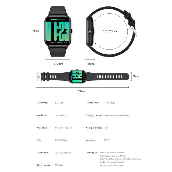 QS13 1.83 inch BT5.2 Smart Sport Watch, Support Bluetooth Call / Sleep / Blood Sugar / Blood Oxyg...