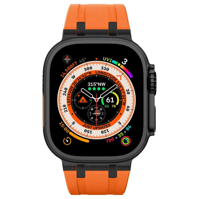 For Apple Watch Ultra 2 49mm Stone Grain Liquid Silicone Watch Band(Black Orange)