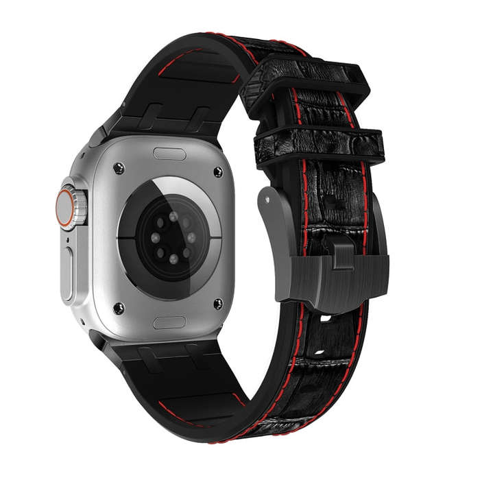 For Apple Watch Ultra 2 49mm Crocodile Texture Liquid Silicone Watch Band(Black Red Black)