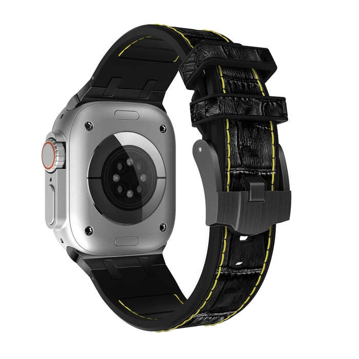For Apple Watch Ultra 2 49mm Crocodile Texture Liquid Silicone Watch Band(Black Yellow Black)