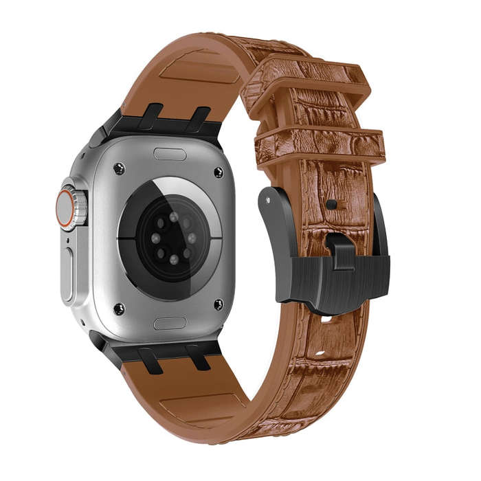 For Apple Watch Ultra 2 49mm Crocodile Texture Liquid Silicone Watch Band(Black Yellow Brown)