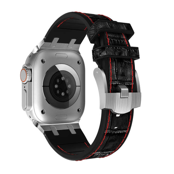 For Apple Watch Ultra 2 49mm Crocodile Texture Liquid Silicone Watch Band(Silver Red Black)