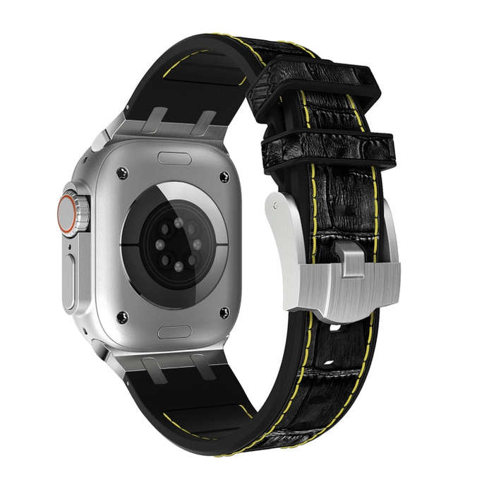 For Apple Watch Ultra 2 49mm Crocodile Texture Liquid Silicone Watch Band(Silver Yellow Black)