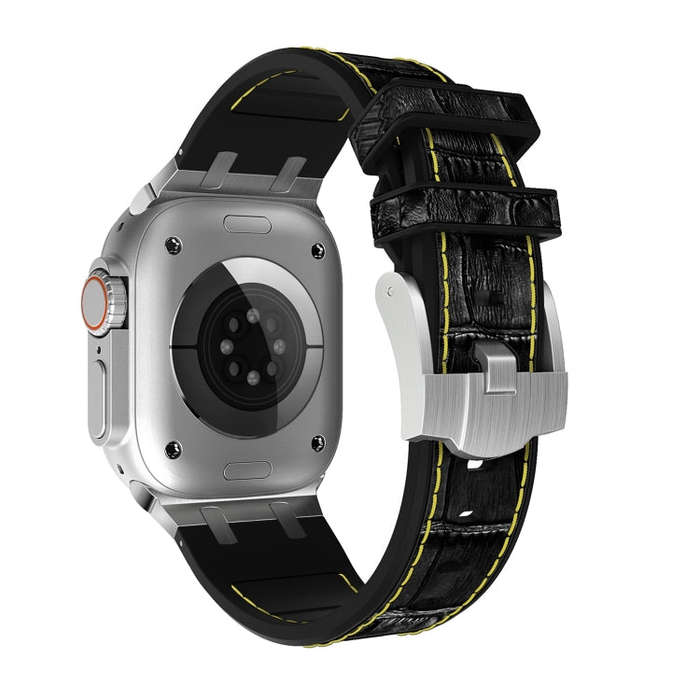 For Apple Watch Series 9 41mm Crocodile Texture Liquid Silicone Watch Band(Silver Yellow Black)