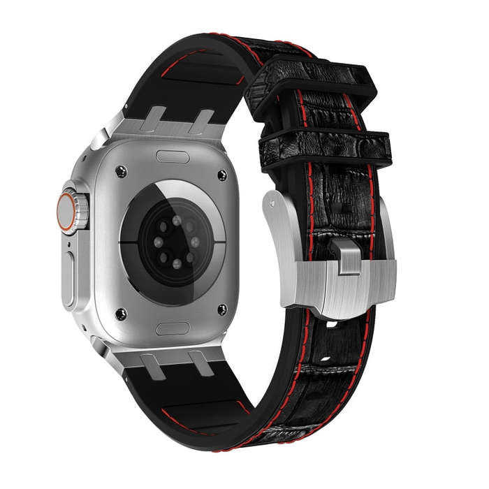 For Apple Watch Series 8 41mm Crocodile Texture Liquid Silicone Watch Band(Silver Red Black)