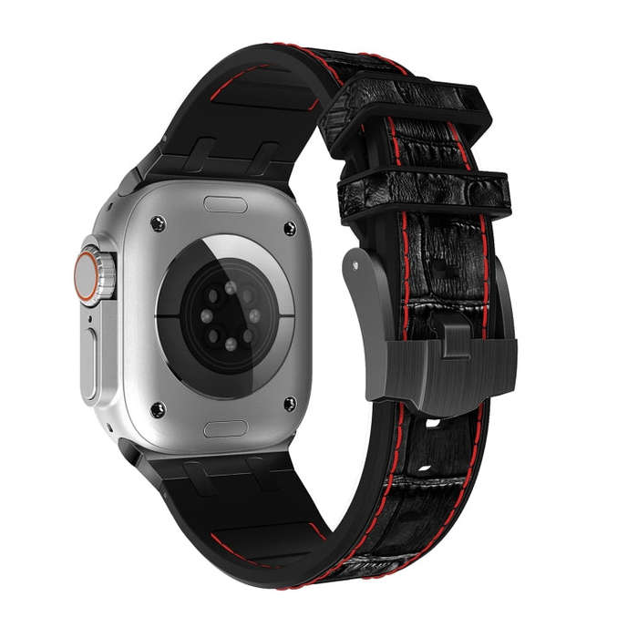For Apple Watch SE 2022 44mm Crocodile Texture Liquid Silicone Watch Band(Black Red Black)
