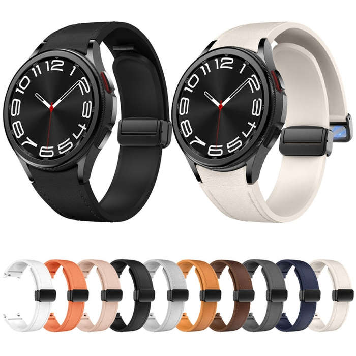 For Samsung Galaxy Watch 6 Magnetic Black Buckle Leather Silicone Watch Band(White)