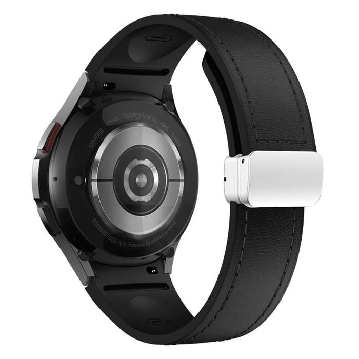 For Samsung Galaxy Watch 6 Magnetic Silver Buckle Leather Silicone Watch Band(Black)