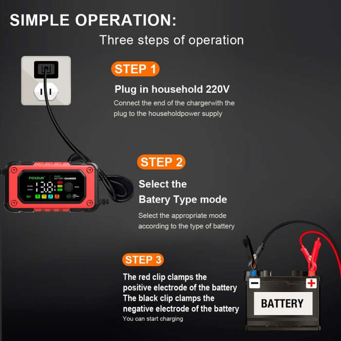 FOXSUR 7A 12V Car / Motorcycle Smart Battery Charger, Plug Type:EU Plug(Red)
