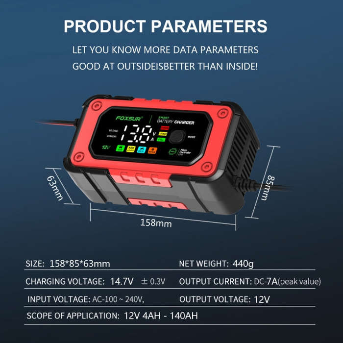 FOXSUR 7A 12V Car / Motorcycle Smart Battery Charger, Plug Type:EU Plug(Red)