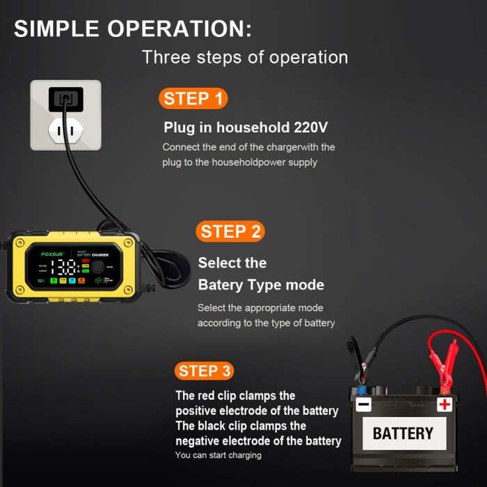 FOXSUR 7A 12V Car / Motorcycle Smart Battery Charger, Plug Type:US Plug(Yellow)