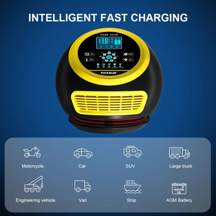 FOXSUR 20A 12V 24V Car / Motorcycle Smart Battery Charger, Plug Type:EU Plug(Yellow)
