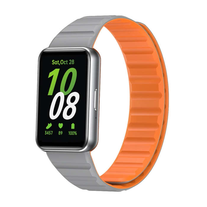 For Samsung Galaxy Fit 3 Two Color Magnetic Silicone Watch Band(Grey Orange)